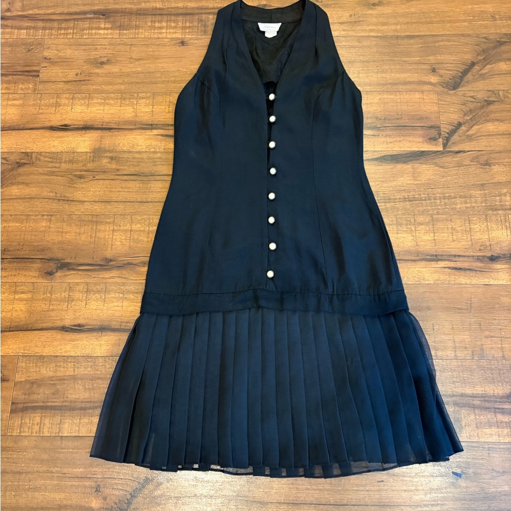 Vintage Eloquence Black Sleeveless Pleated Dress Size 9/10 Button Drop Waist